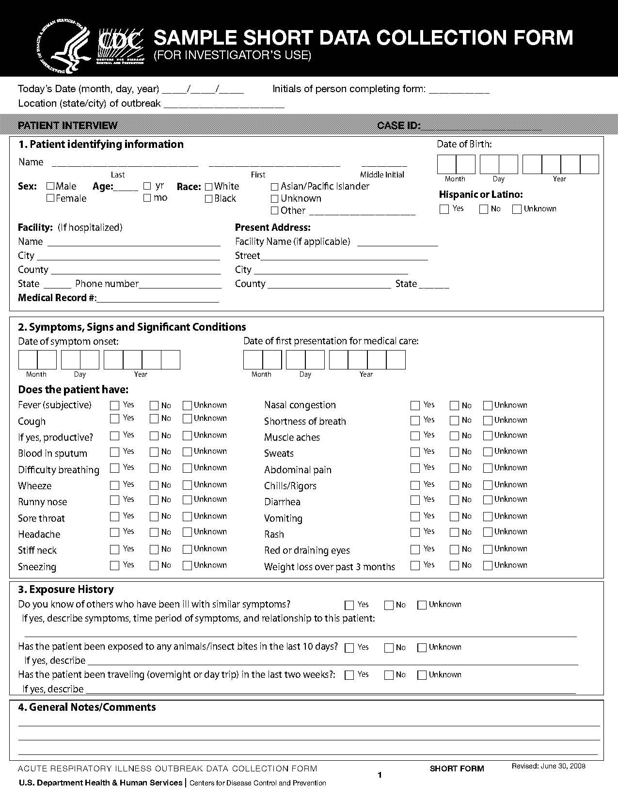 example of patient data collection form