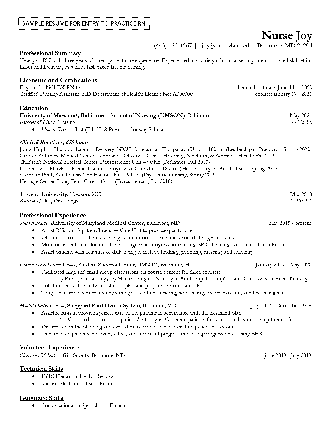 sample resume for student nurse