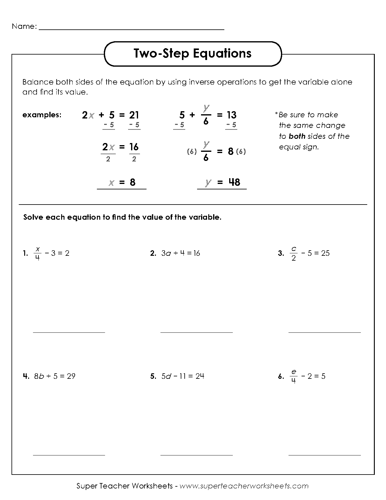 basic two step equations worksheet