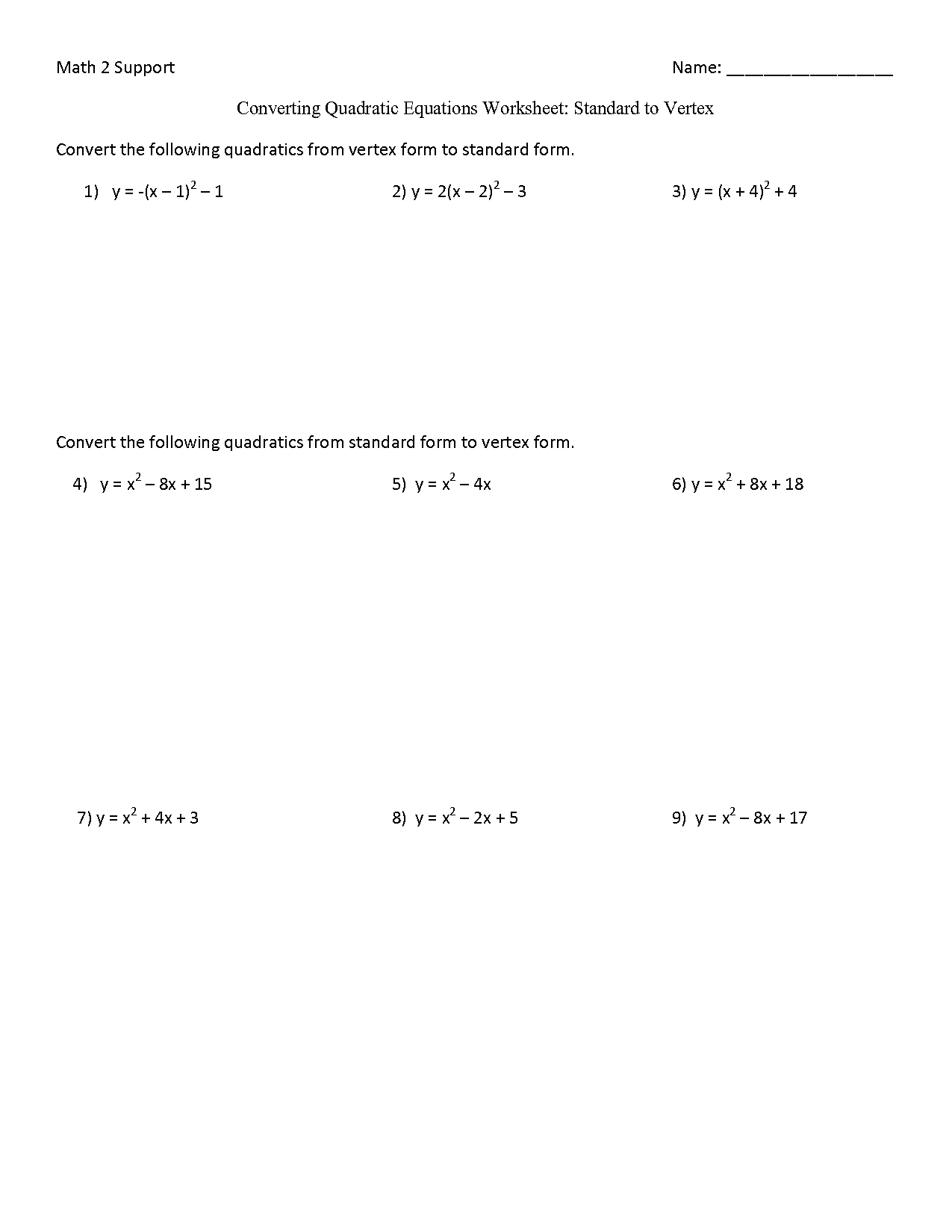 how do you change vertex form to standard form quadratics