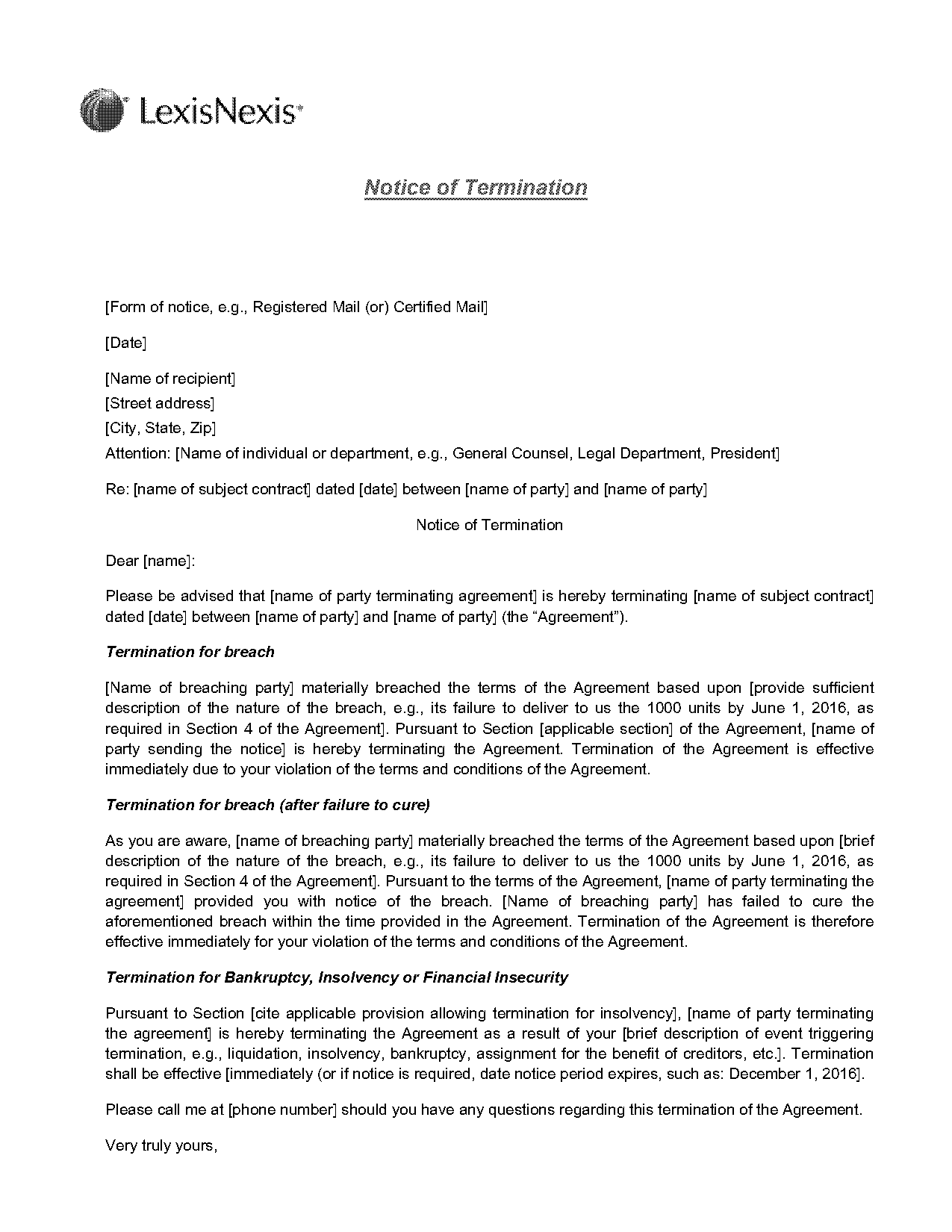 service agreement termination letter format