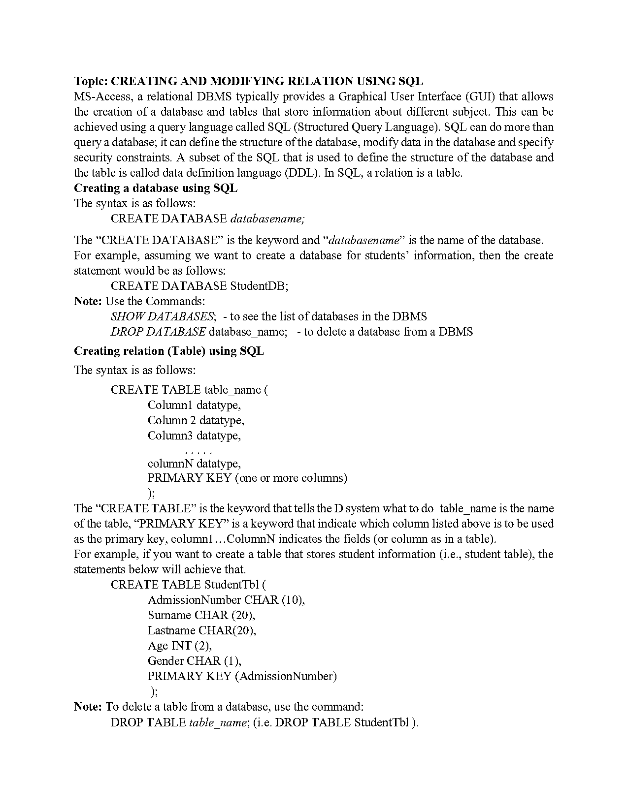 sql statement create relationship