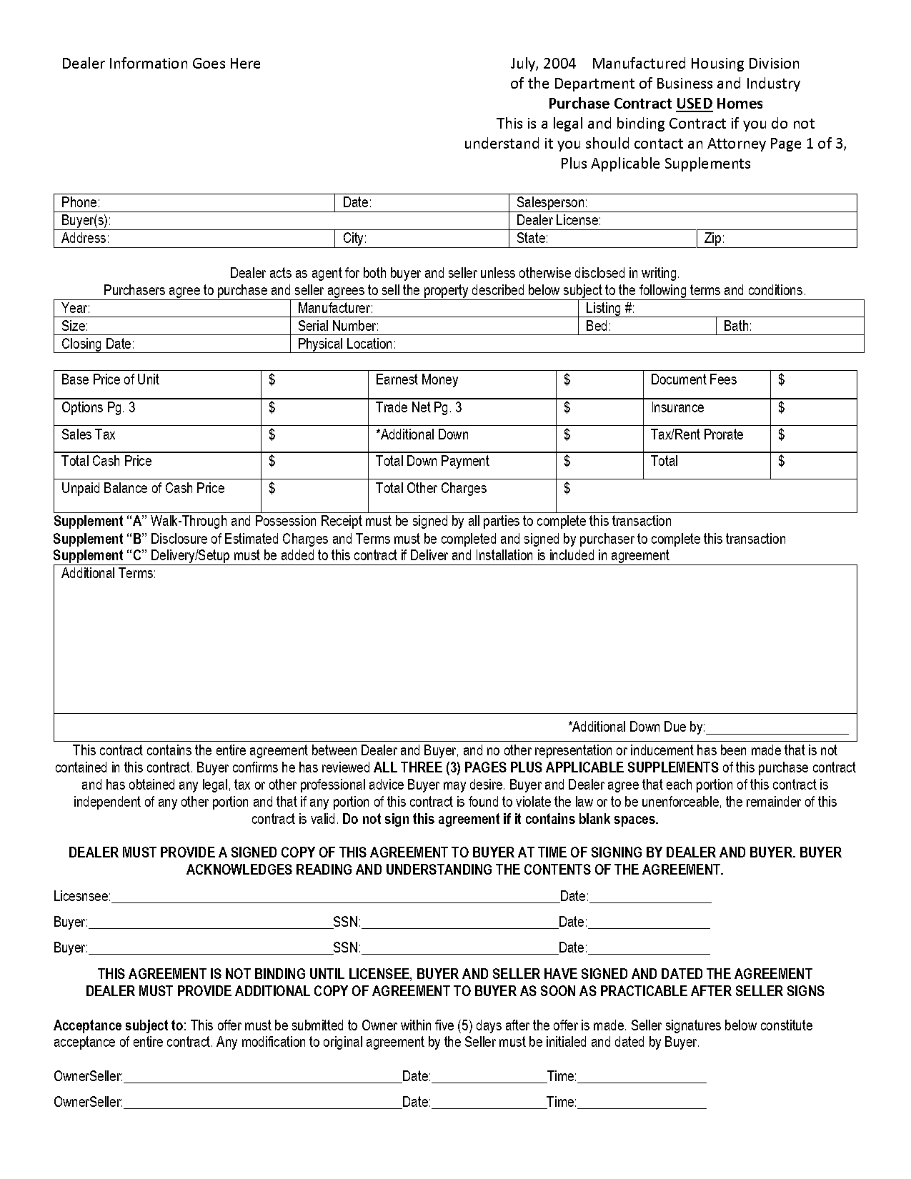 mobile and manufactured home purchase agreement and sales contract