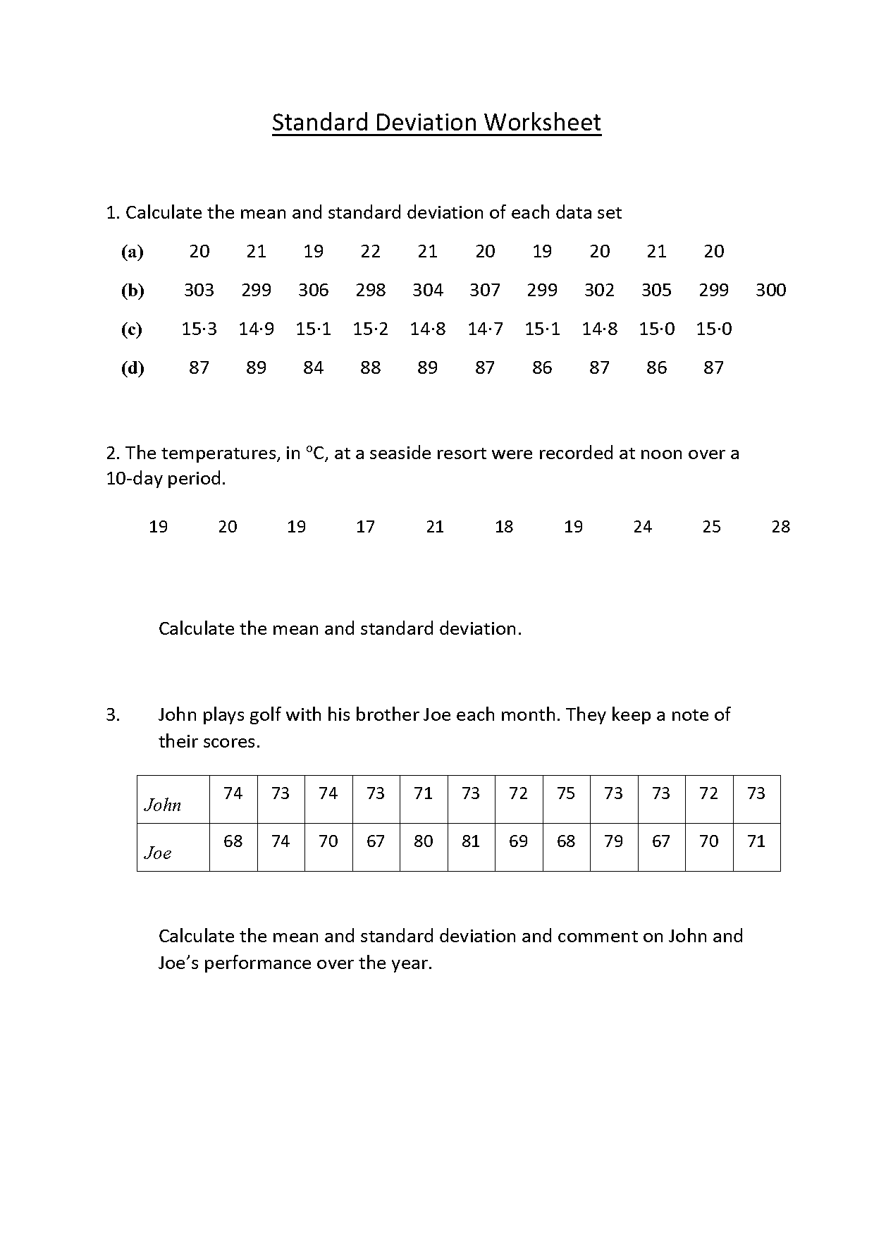 calculating standard deviation worksheet answers key