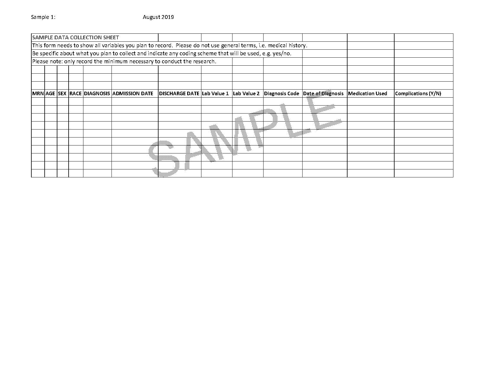 example of patient data collection form