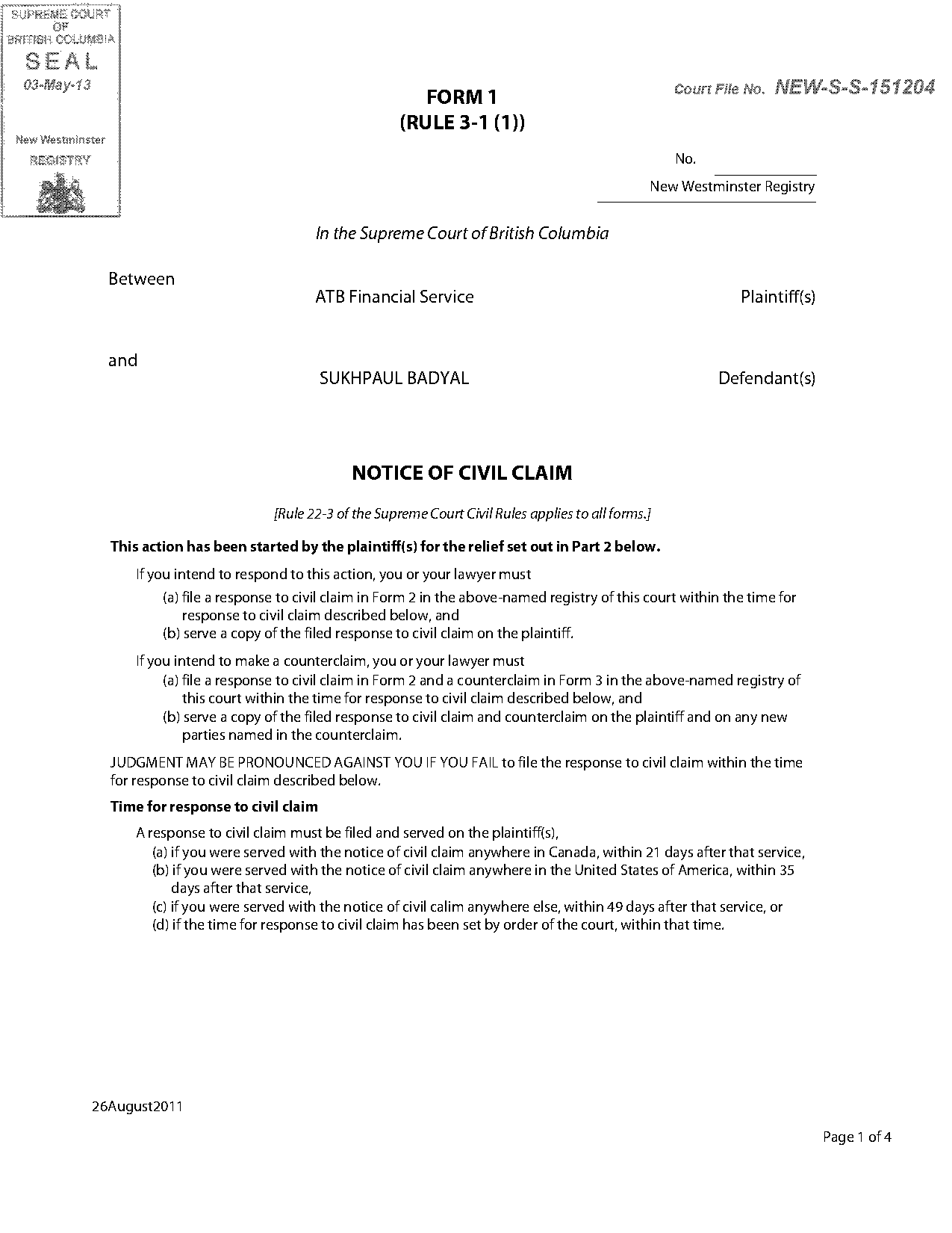 notice of civil claim bc supreme court