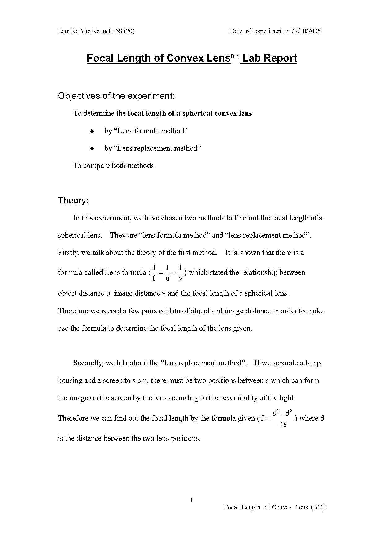 focal length converging lens lab report