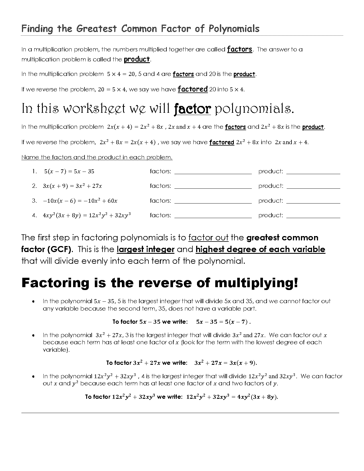 factoring with gcf worksheet answers