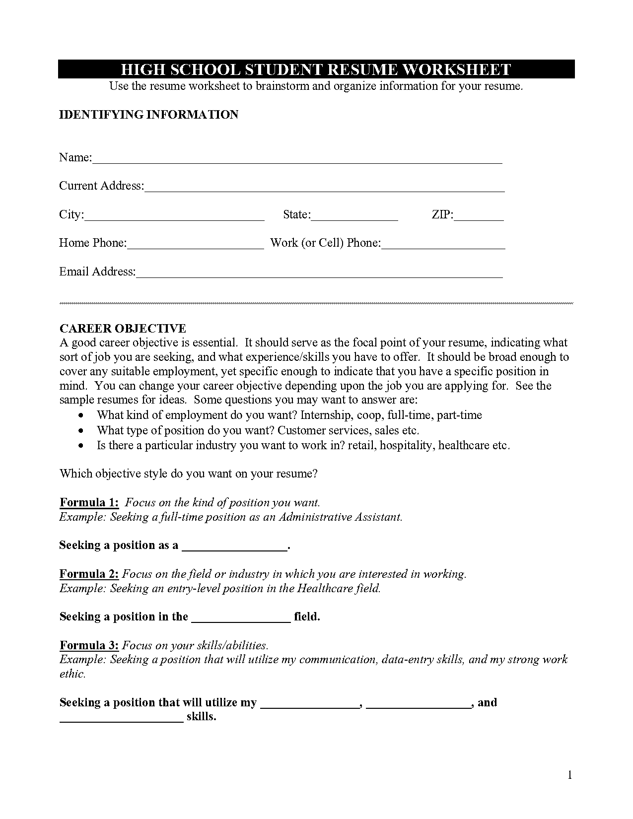 high school student resume no job example