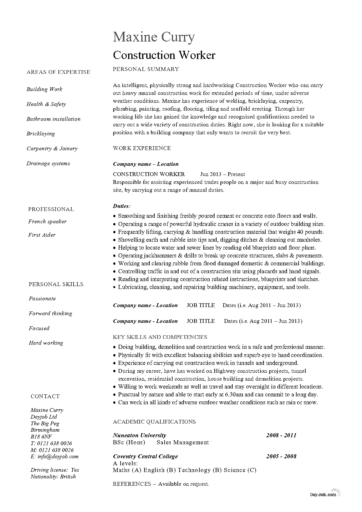 resume sample construction worker