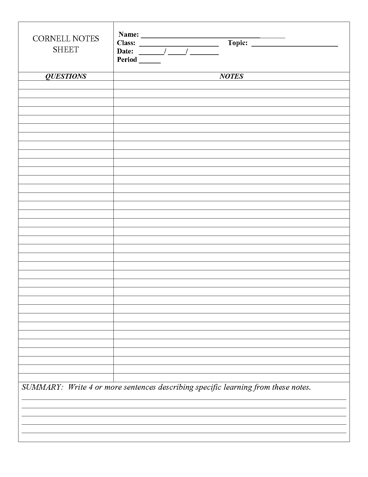 cornell notes template pdf