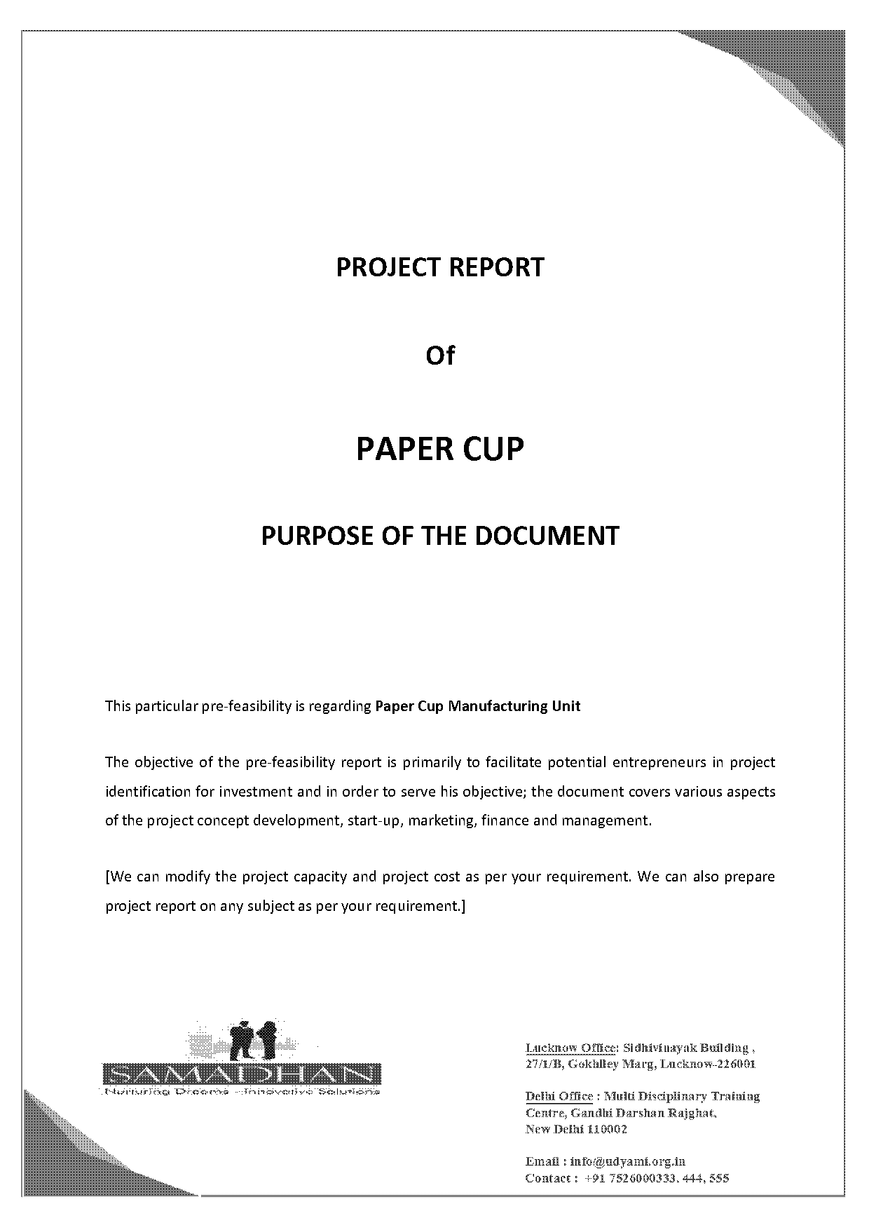 project report for manufacturing paper cups