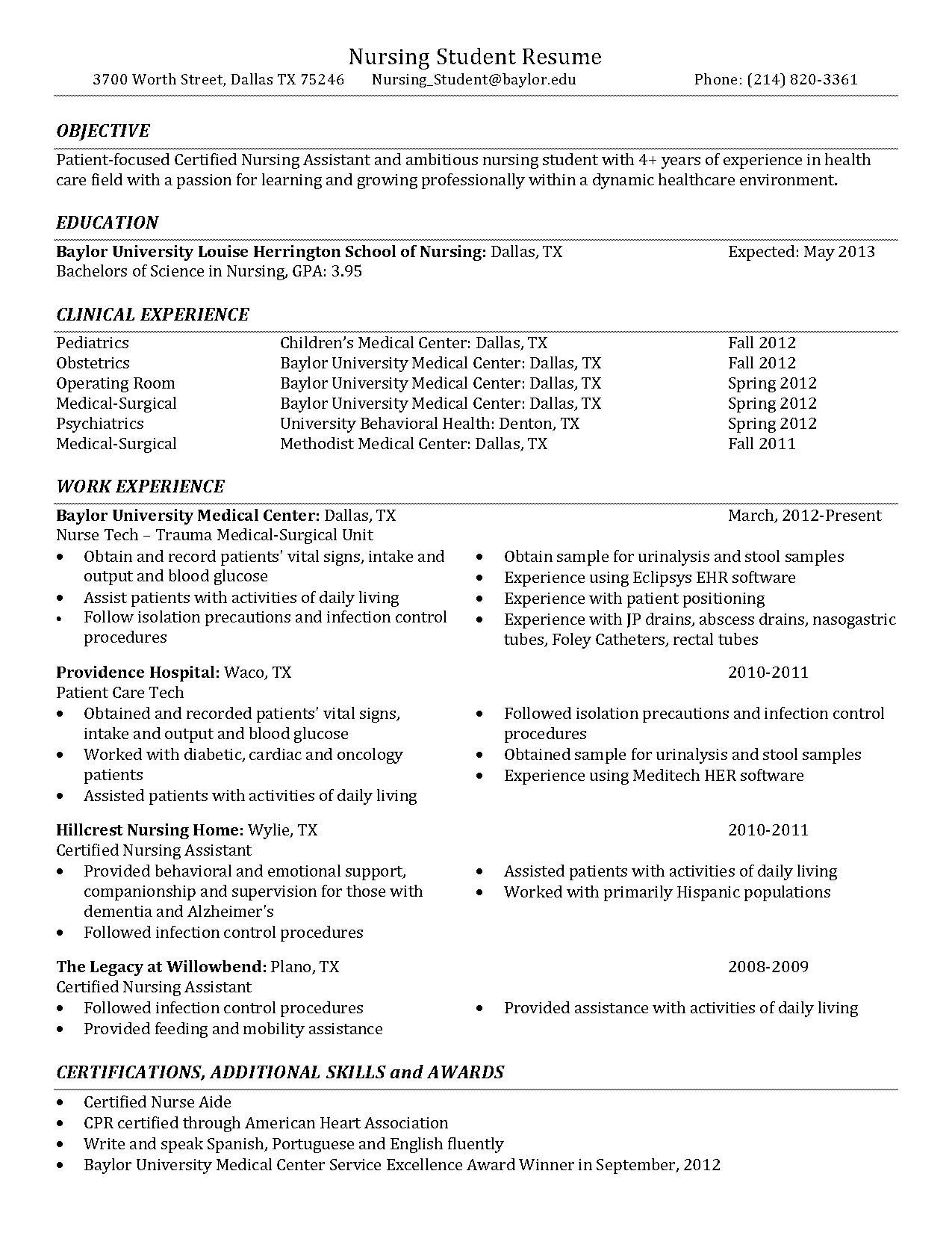 sample resume for student nurse