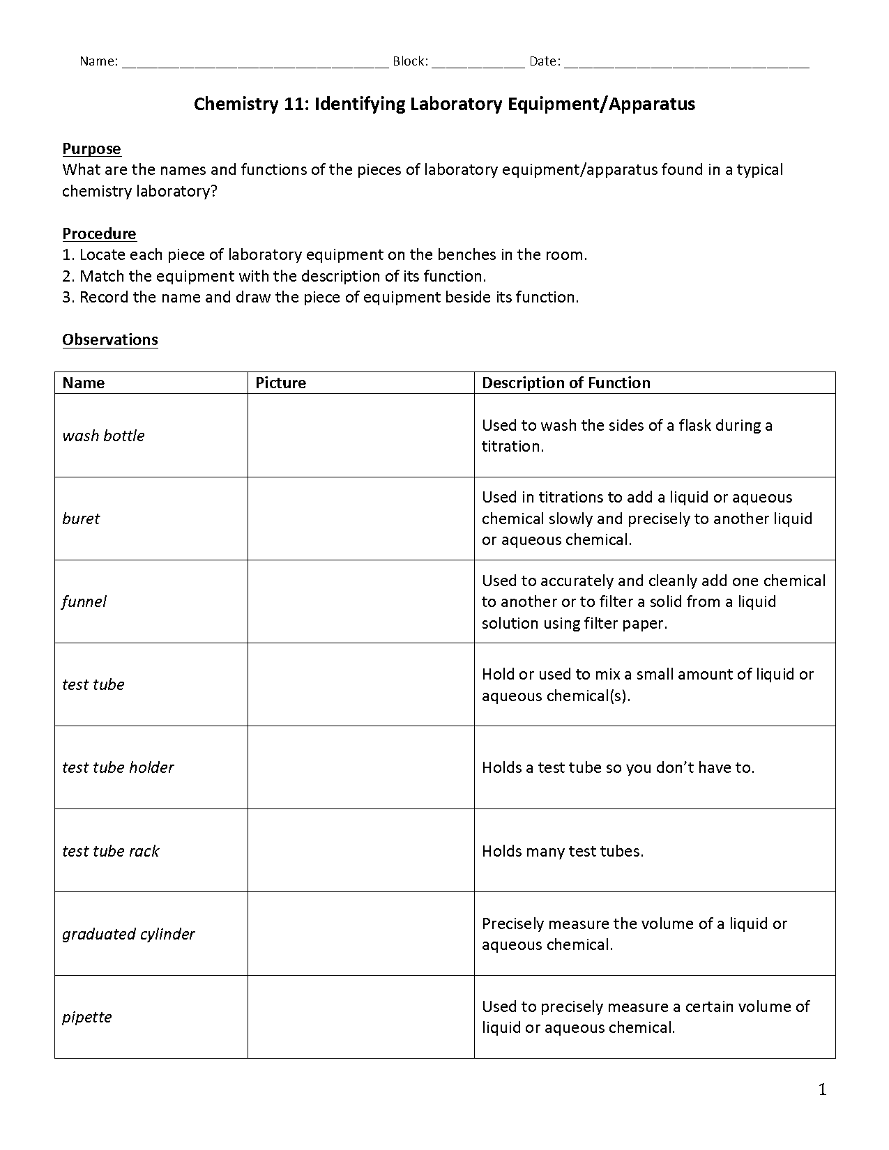 common lab equipment worksheet