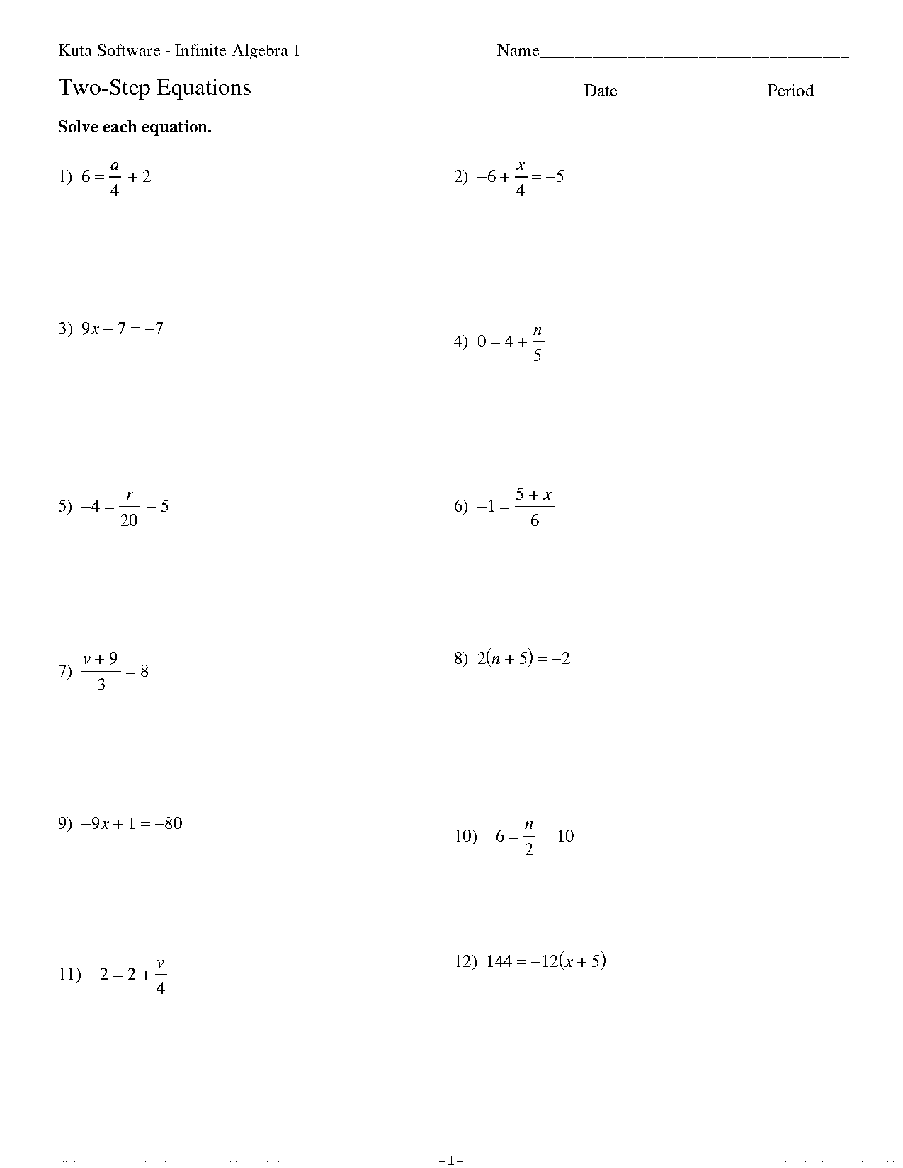 basic two step equations worksheet