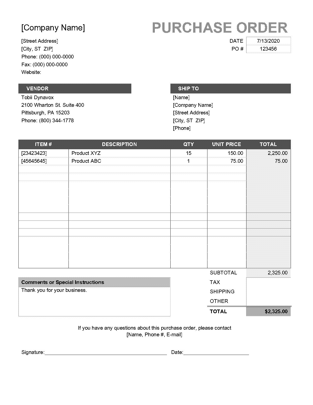 purchase order template pdf download