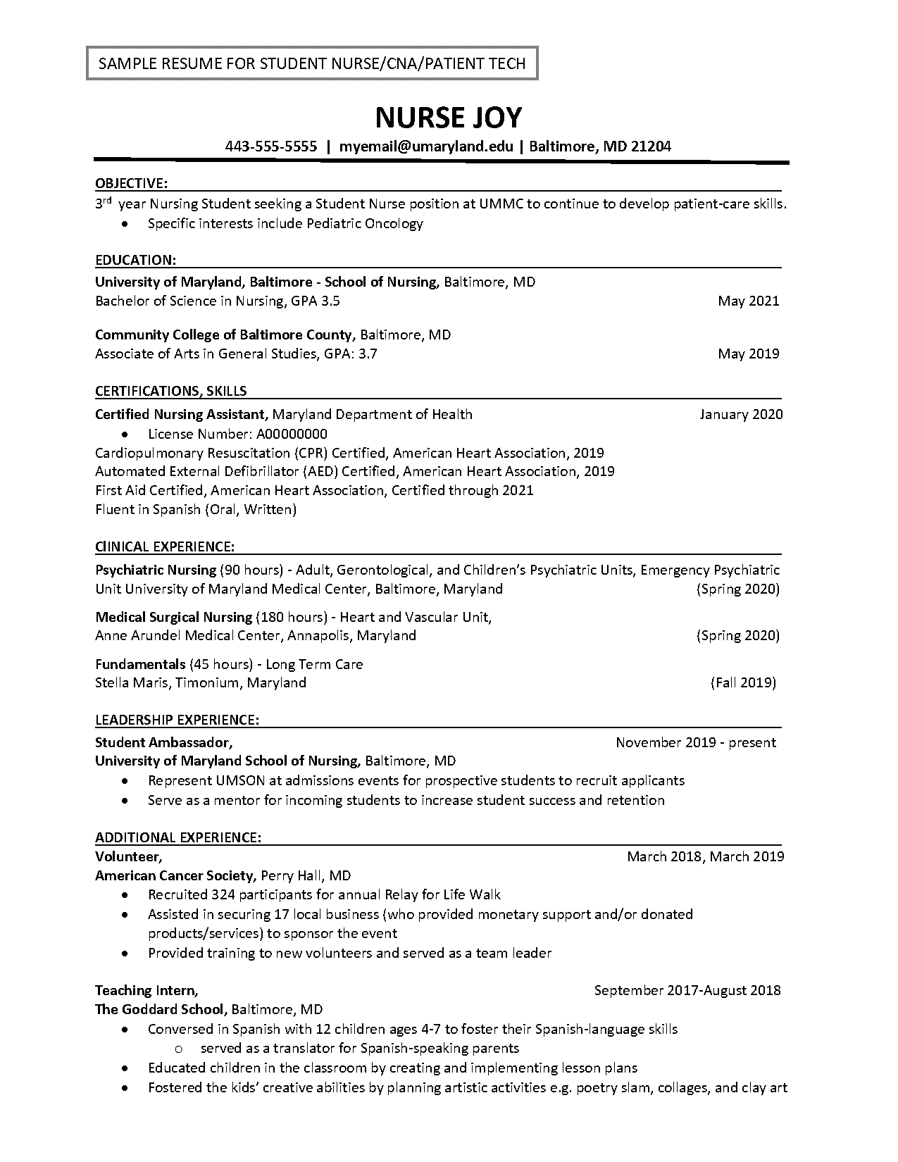 sample resume for student nurse