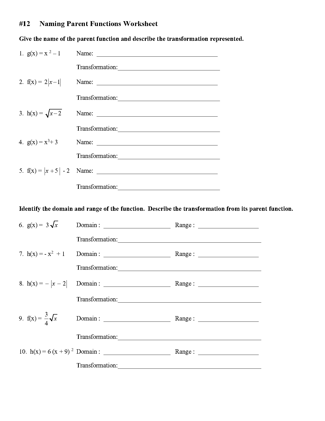 describe the transformation from the parent function worksheet