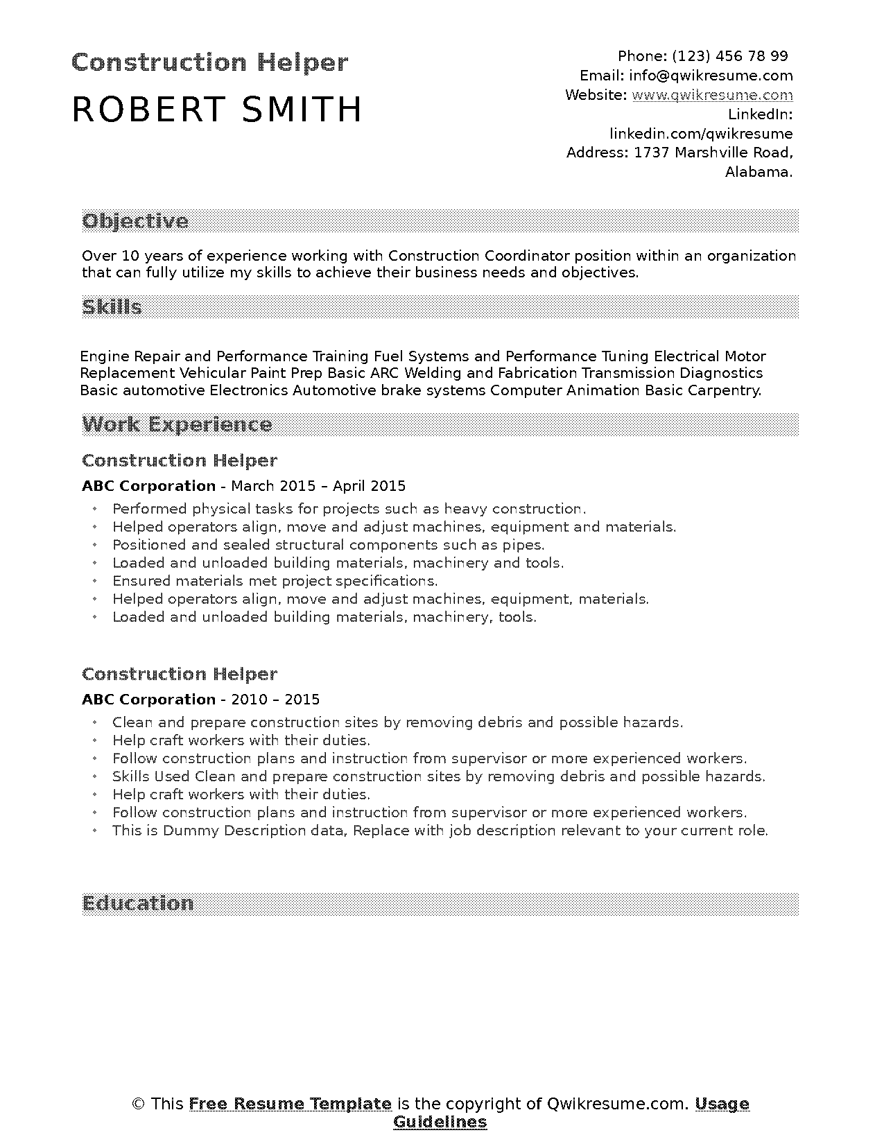 resume sample construction worker