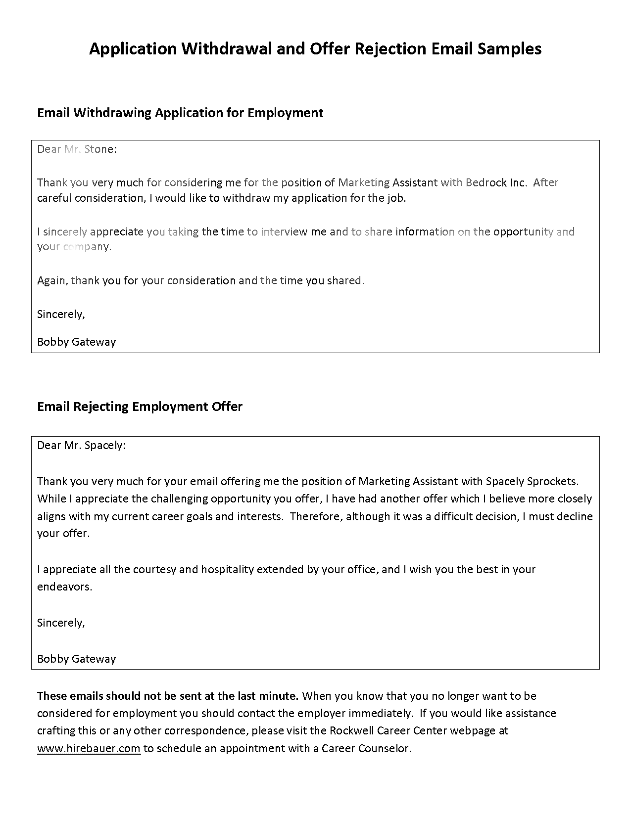 decline job offer email or phone