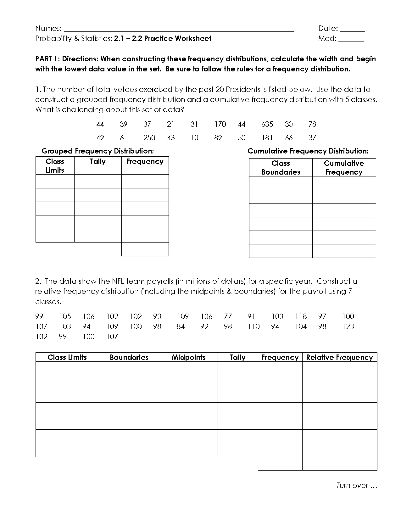 frequency distribution table for ungrouped data worksheet