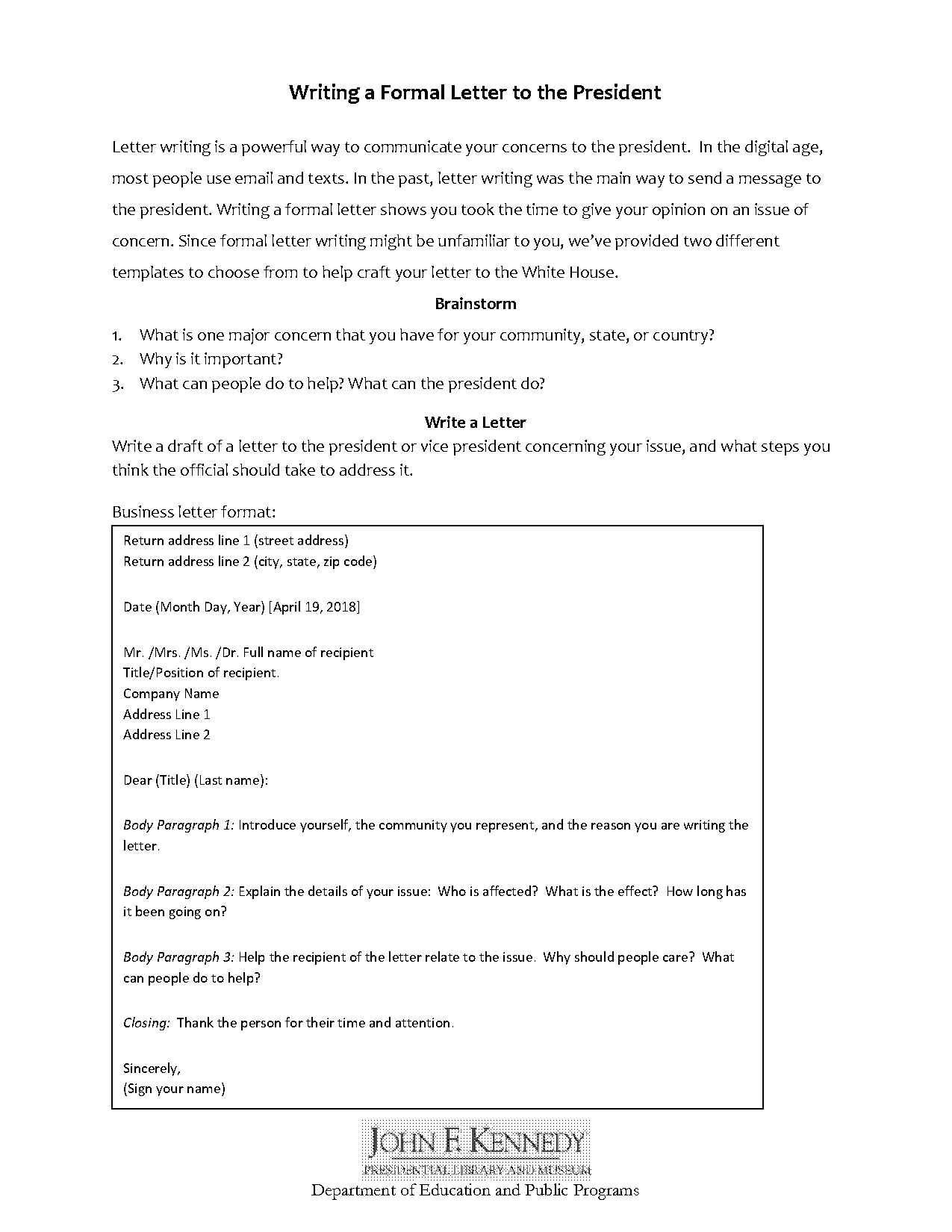 formal letter format sample questions