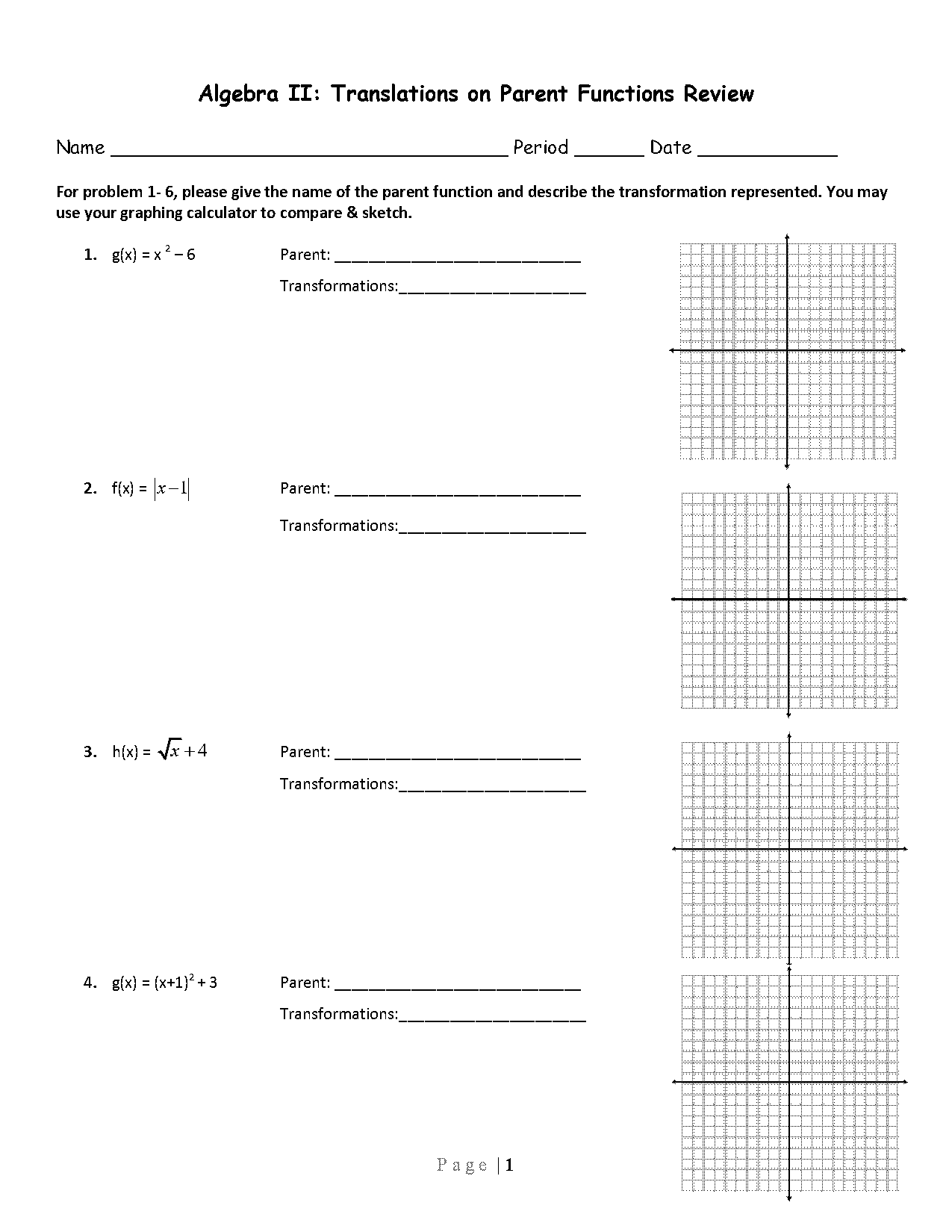 describe the transformation from the parent function worksheet