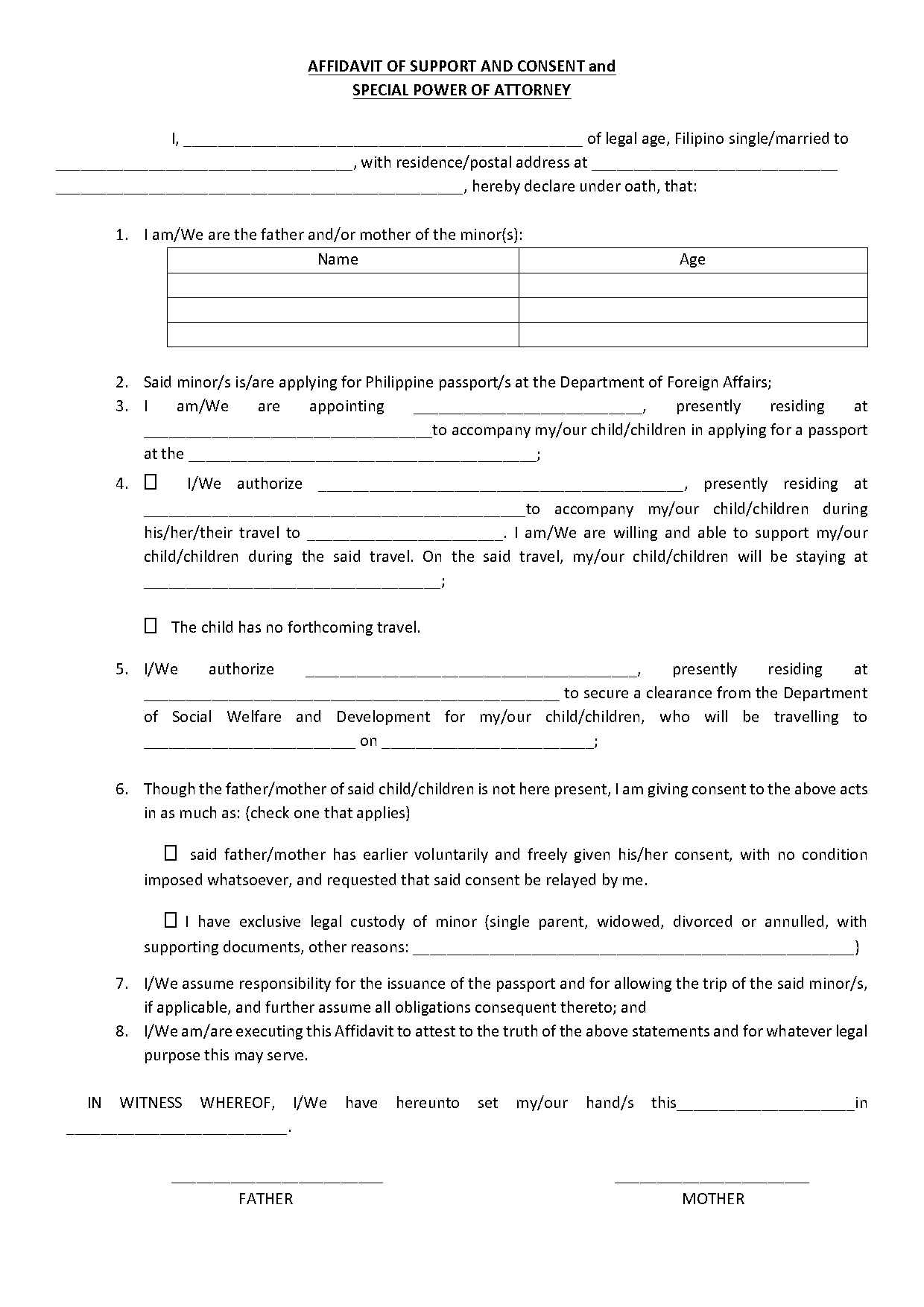 affidavit of support and consent to travel dfa