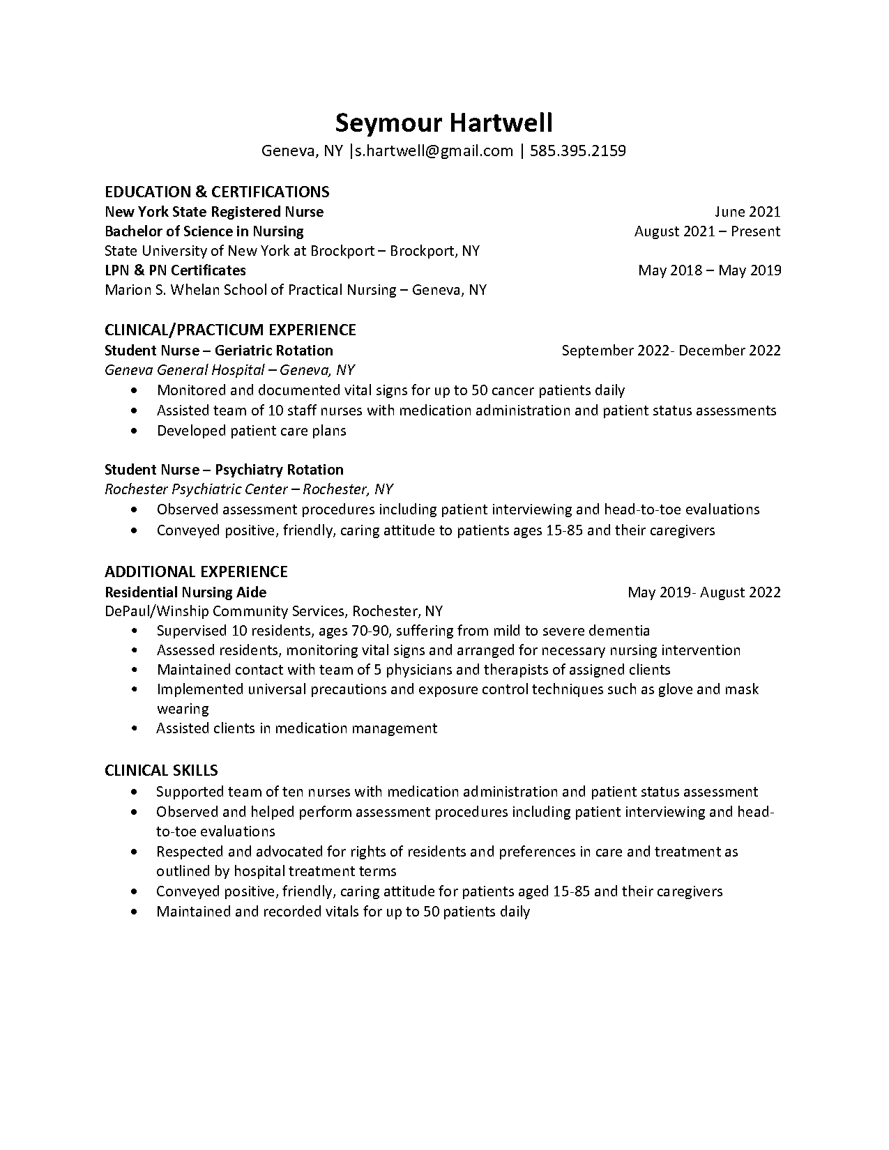 sample resume for student nurse