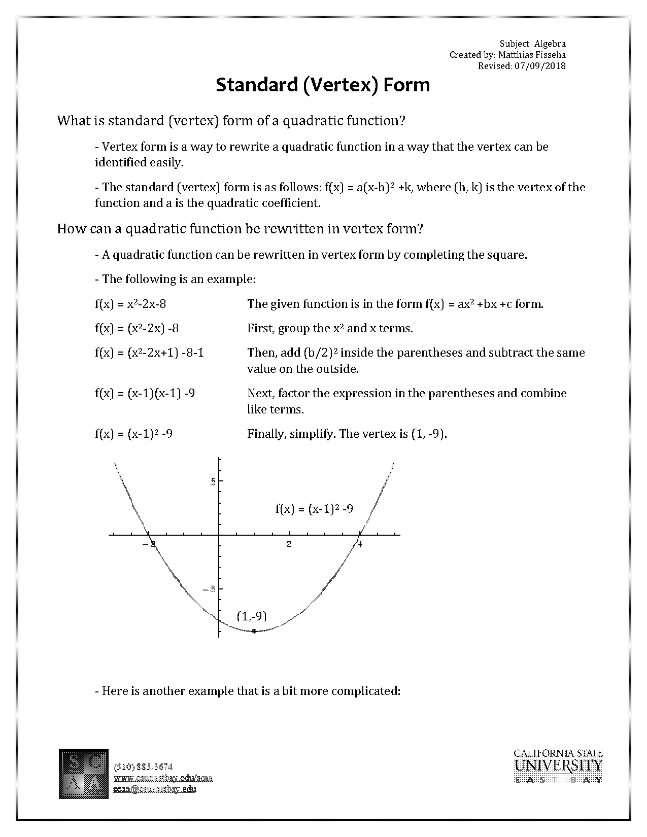 how do you change vertex form to standard form quadratics