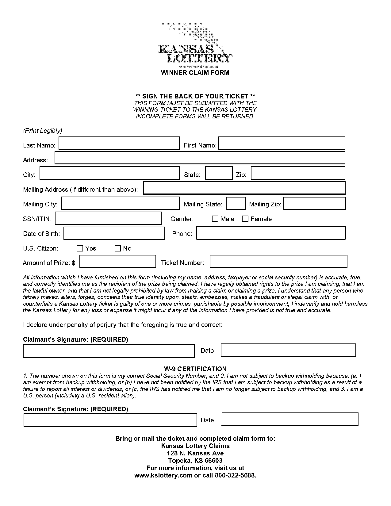 kansas state lottery claim form