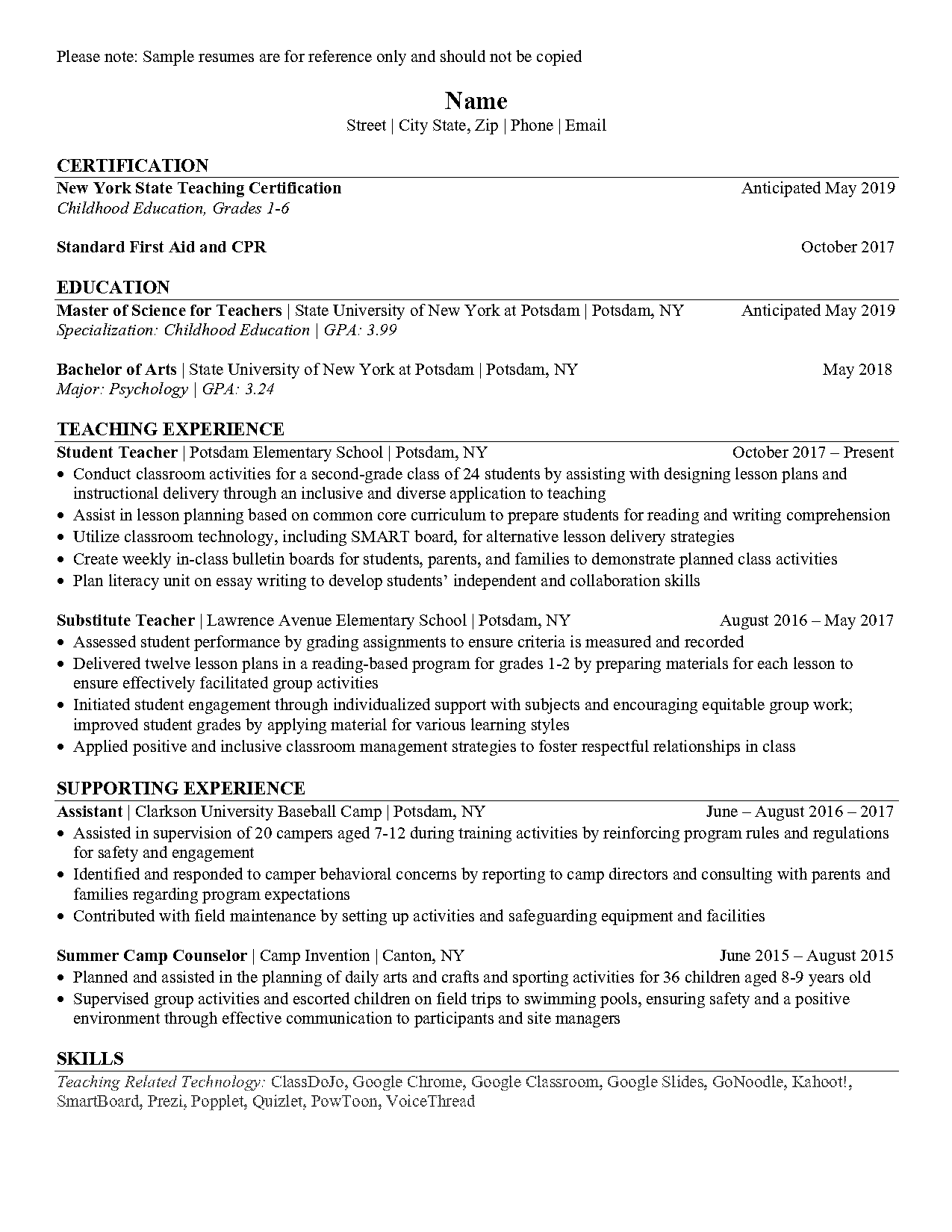 best sample resume for teachers